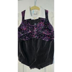 Vintage Velvet Baby Boy One Piece Outfit Paisley Dressy Holiday bowtie 6-9 Month